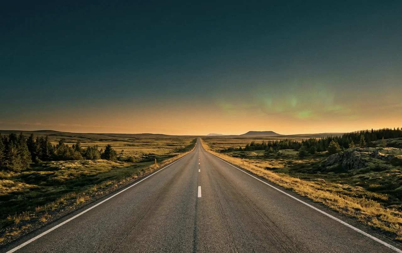 Open road through Nordic landscape at golden hour — representing the clear path to hotel direct booking success in 2026