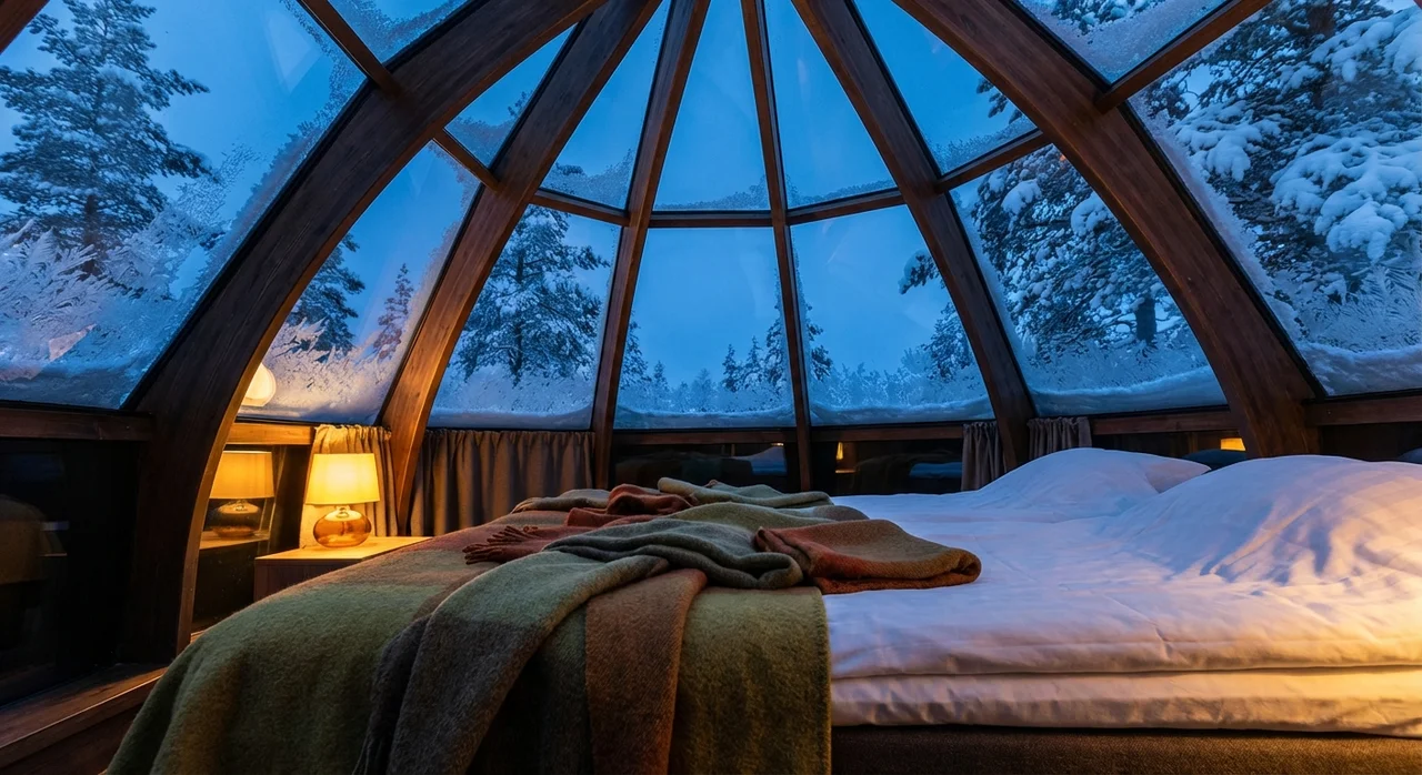 Interior of a glass igloo resort in Finnish Lapland at night with snow-covered arctic forest view and warm ambient lighting