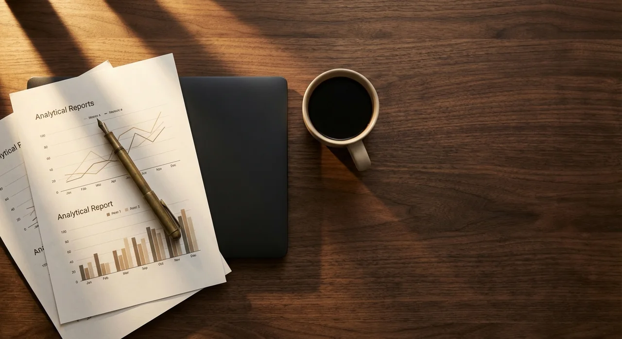 Analytical reports with revenue charts on a desk representing hotel digital marketing strategy and performance tracking